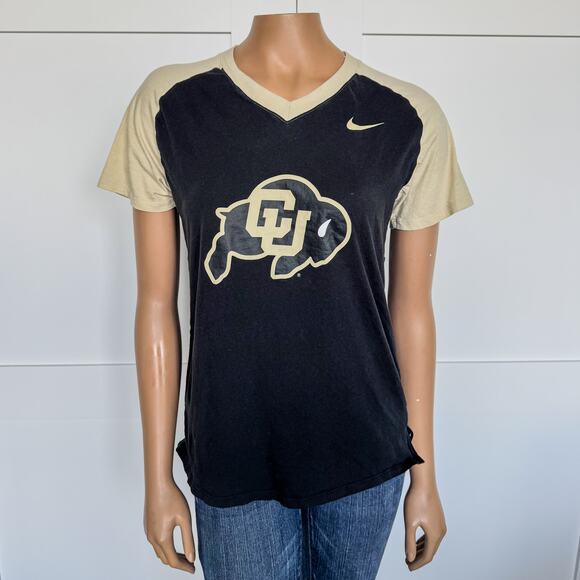 Nike CU Women's Colorado Buffaloes Fan V-Neck Tan/Black Short Sleeve Top-Small - Picture 1 of 9